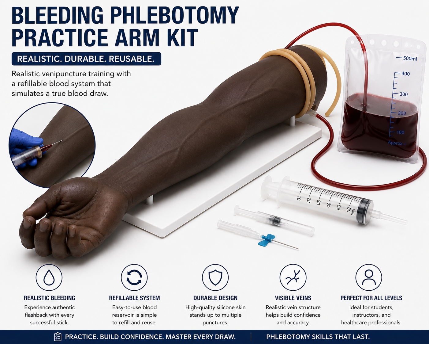 Professional Bleeding Phlebotomy Practice Arm Kit – Realistic Venipuncture Training Model with Refillable Blood System
